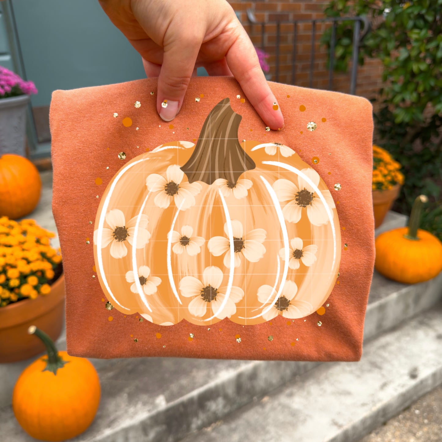 Floral Pumpkin With Splatter DTF Transfer