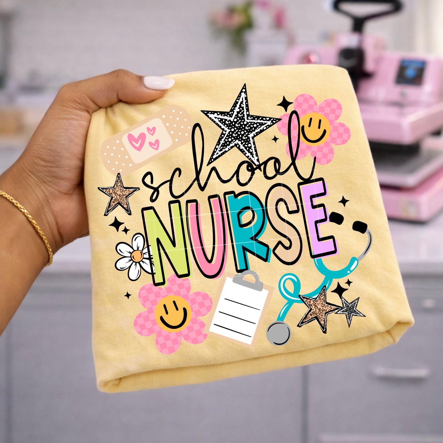 School Nurse Happy Flowers DTF Transfer